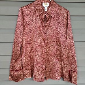 Talbots Red and White Printed Silk Button-Up Blouse